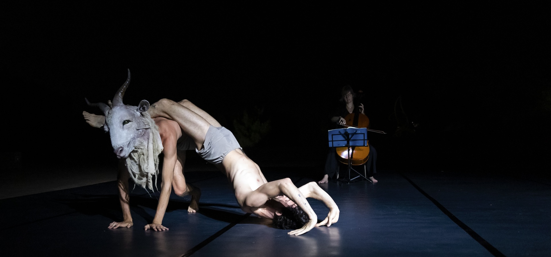 Two dancers, one with an animal mask on, pose on the floor with a cello being played in the background