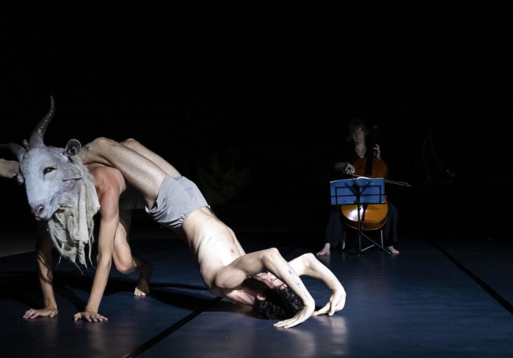 Two dancers, one with an animal mask on, pose on the floor with a cello being played in the background